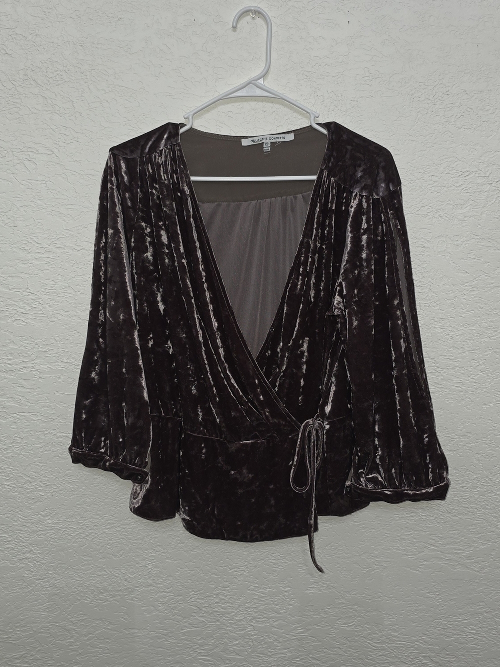 Collective Concepts Crushed Velvet Wrap Blouse - Deep Brown